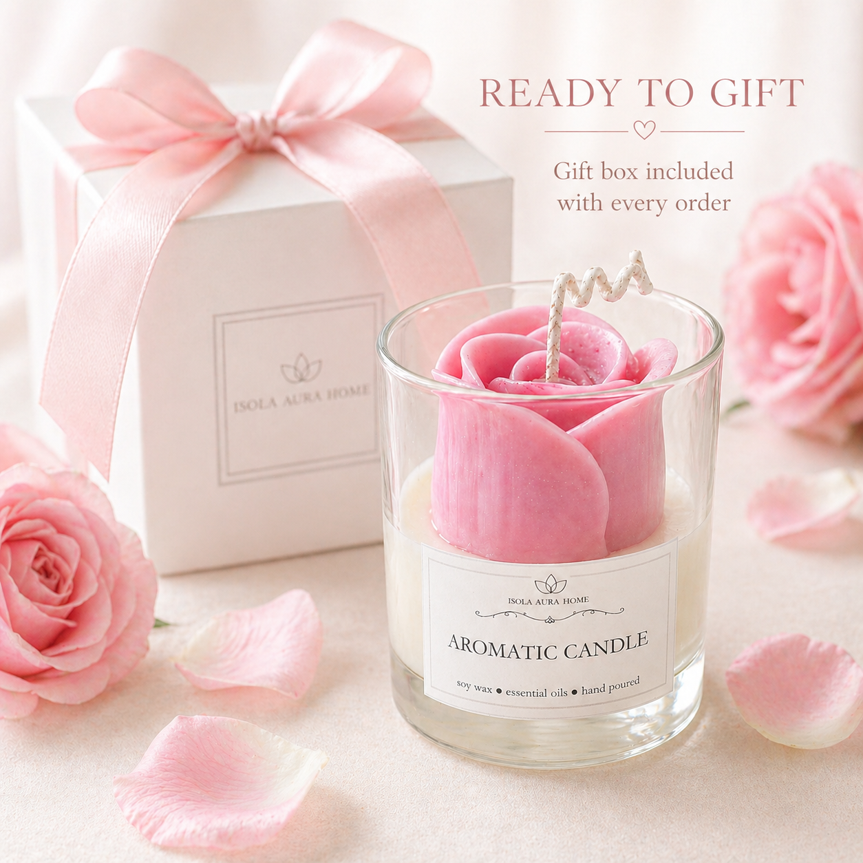 Pink rose flower-shaped candle with gift box included, ready to gift