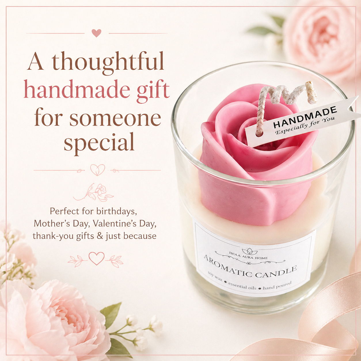 Pink rose flower-shaped candle as a thoughtful handmade gift from Belgium