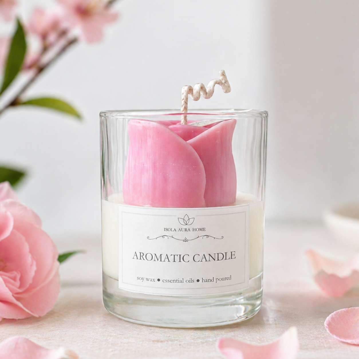 Pink rose flower-shaped soy wax candle in glass handmade by Isola Aura Home in Belgium