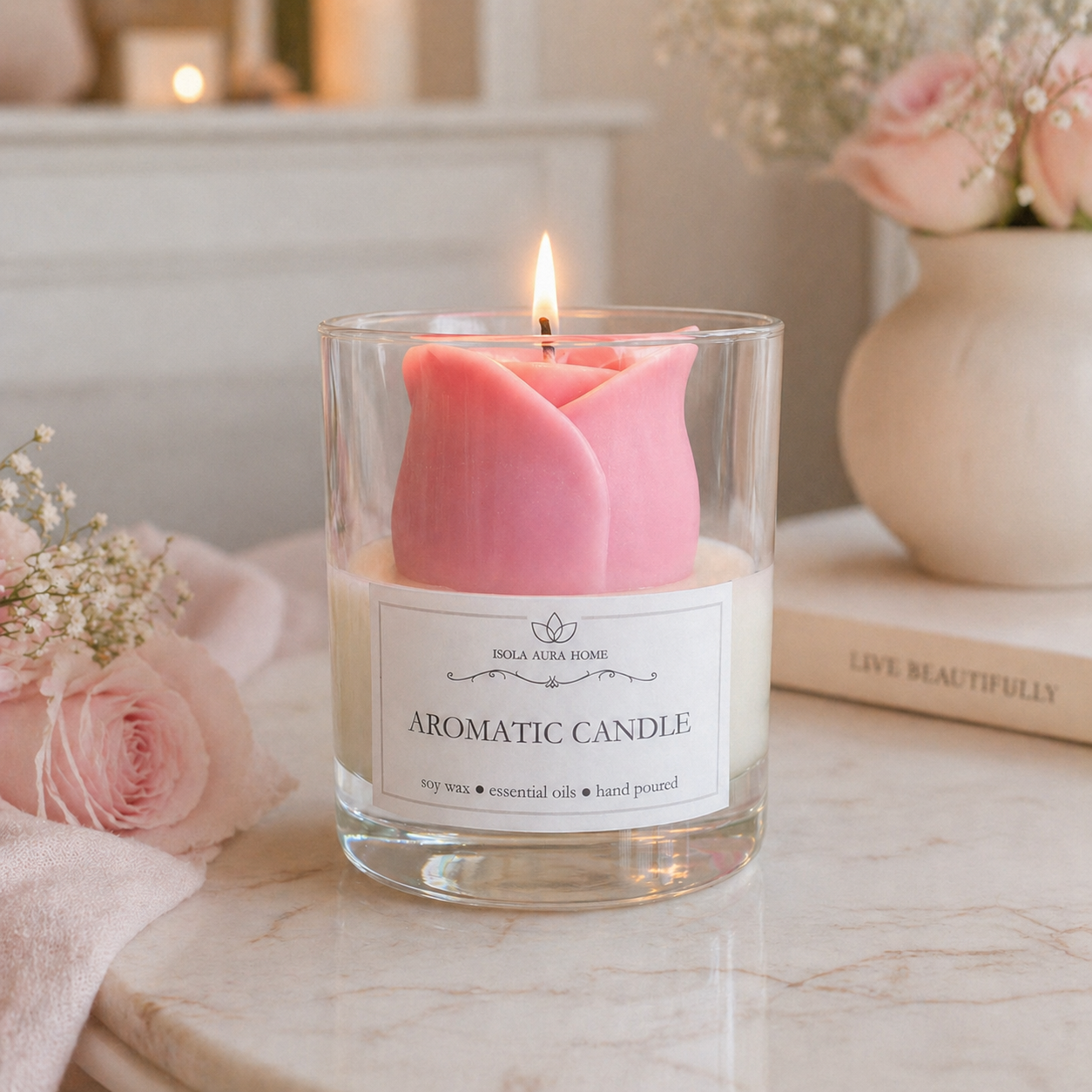 Pink rose scented soy wax candle in clear glass with floral decor