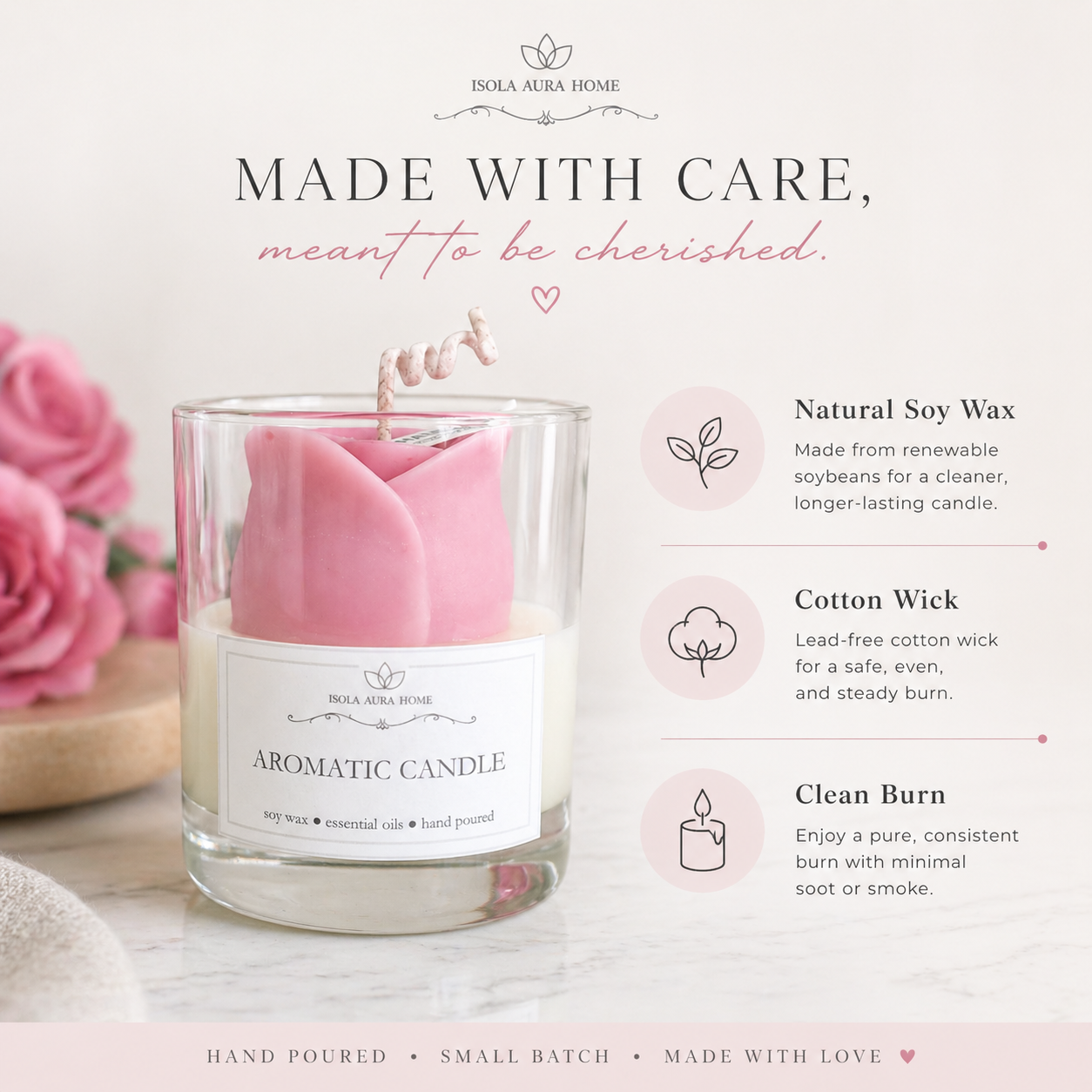 Handmade pink rose soy wax candle with natural soy wax and cotton wick details