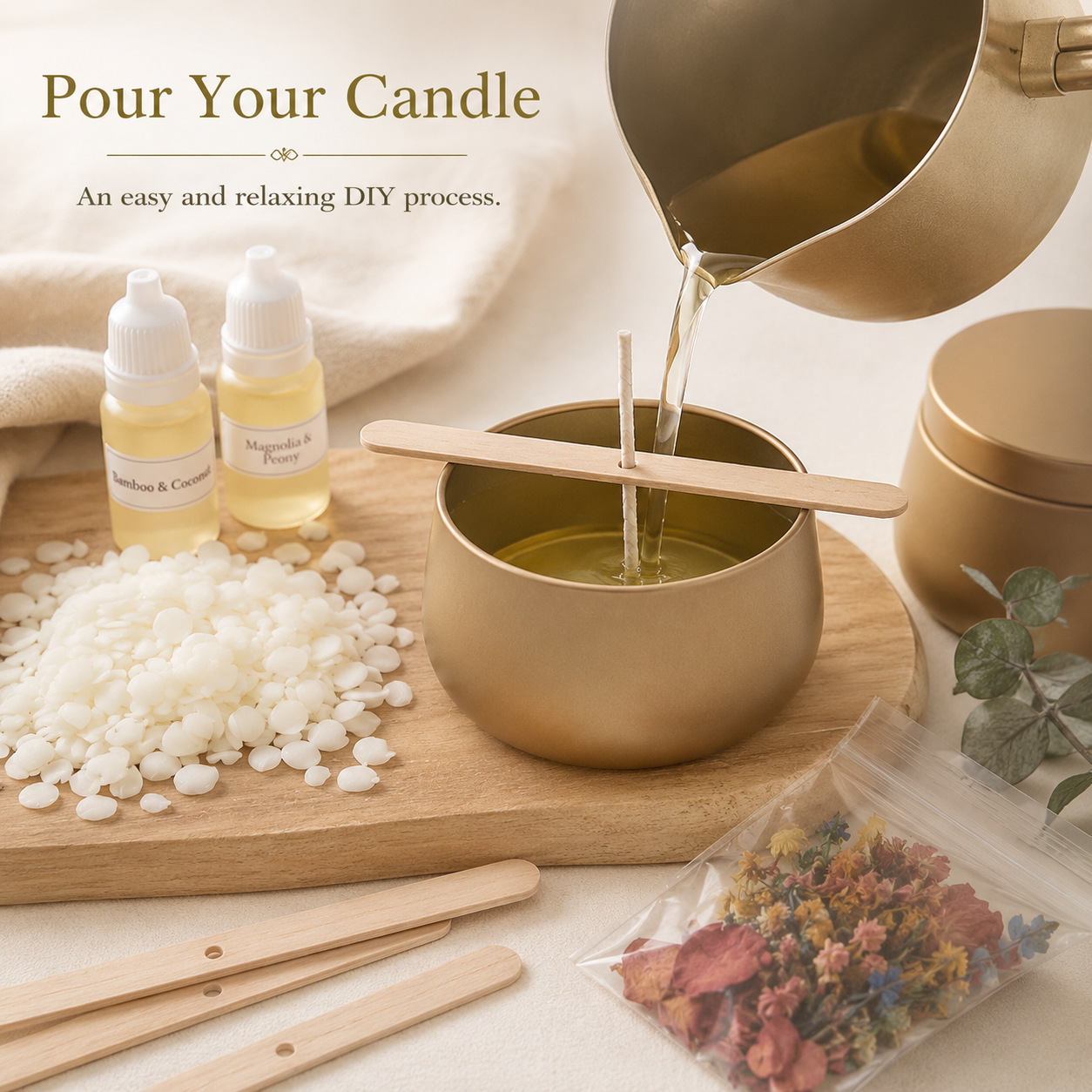 Pouring melted soy wax into a 250 ml gold tin during a beginner-friendly DIY candle making process