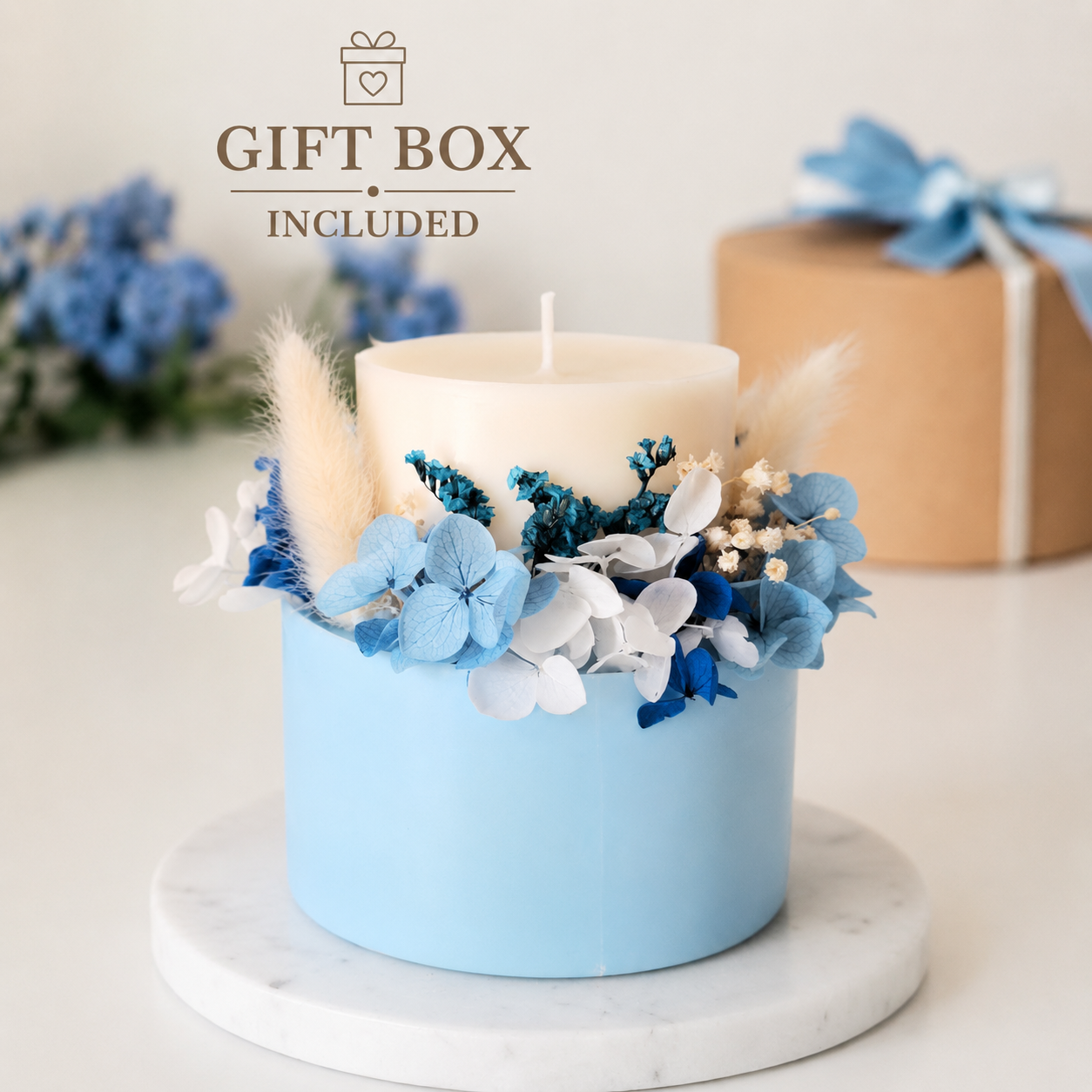 Powder blue signature botanical soy wax candle with gift box included, handmade by Isola Aura Home in Belgium
