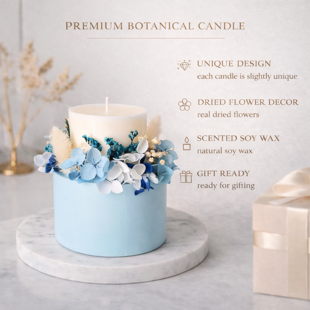 Premium powder blue botanical candle features with unique design, dried flower decor, scented soy wax and gift-ready packaging