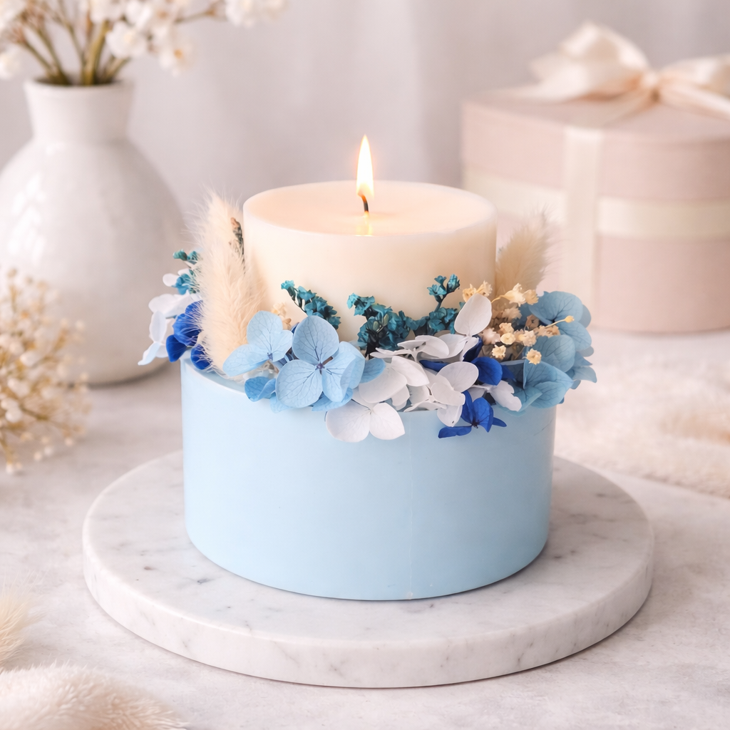 Powder blue signature botanical soy wax candle with preserved flowers handmade by Isola Aura Home in Belgium