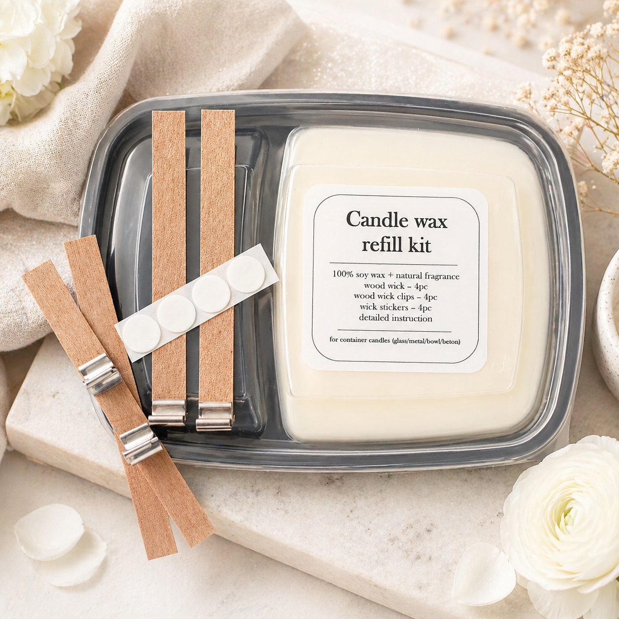 Pre-scented soy wax candle refill kit with wooden and cotton wick options by Isola Aura Home in Belgium