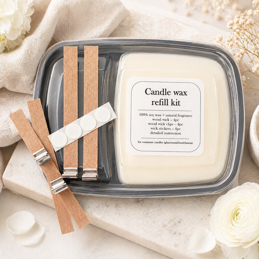 Pre-scented soy wax candle refill kit with wooden and cotton wick options by Isola Aura Home in Belgium