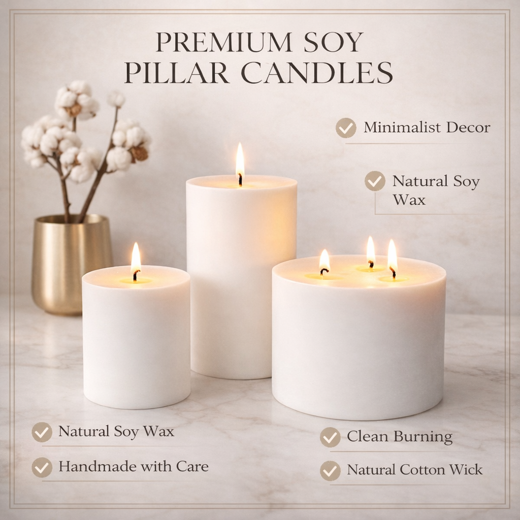Premium soy pillar candles feature card showing natural soy wax, clean burning and minimalist decor
