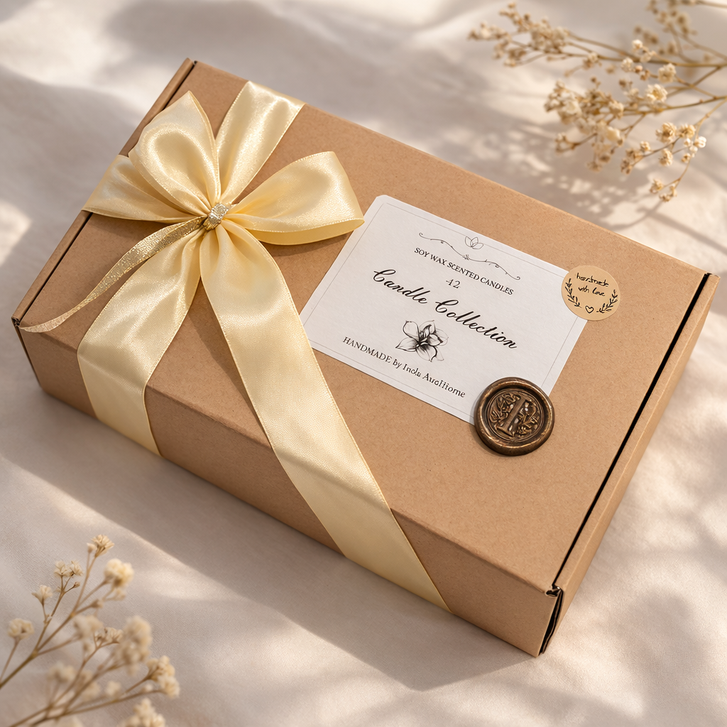 Ready to gift 12 scent candle gift box wrapped with gold ribbon and gift label