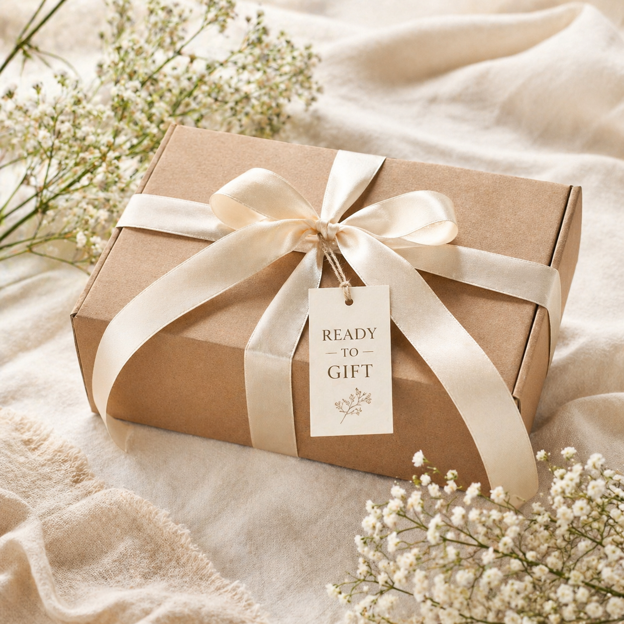 Ready to gift botanical candle gift box wrapped with ribbon and gift tag