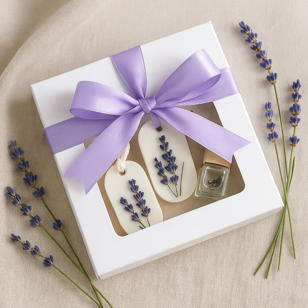 Ready to gift lavender wax sachet and car diffuser box with purple ribbon