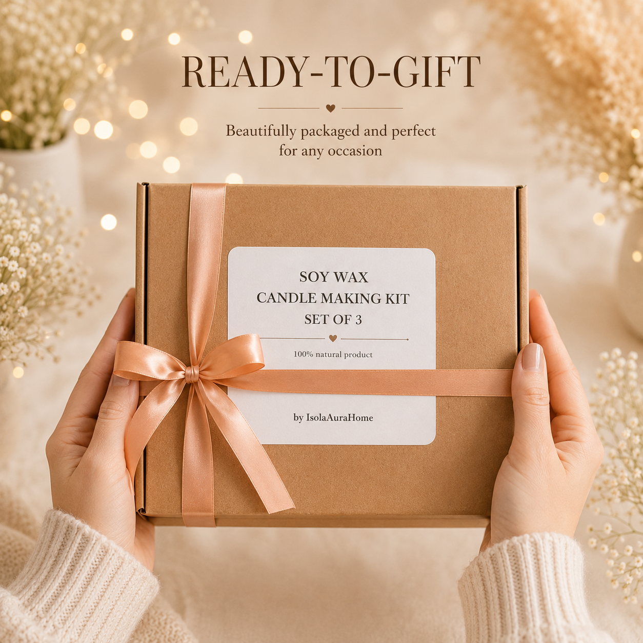 Ready-to-gift soy wax candle making kit set of 3 in kraft gift box with ribbon by Isola Aura Home