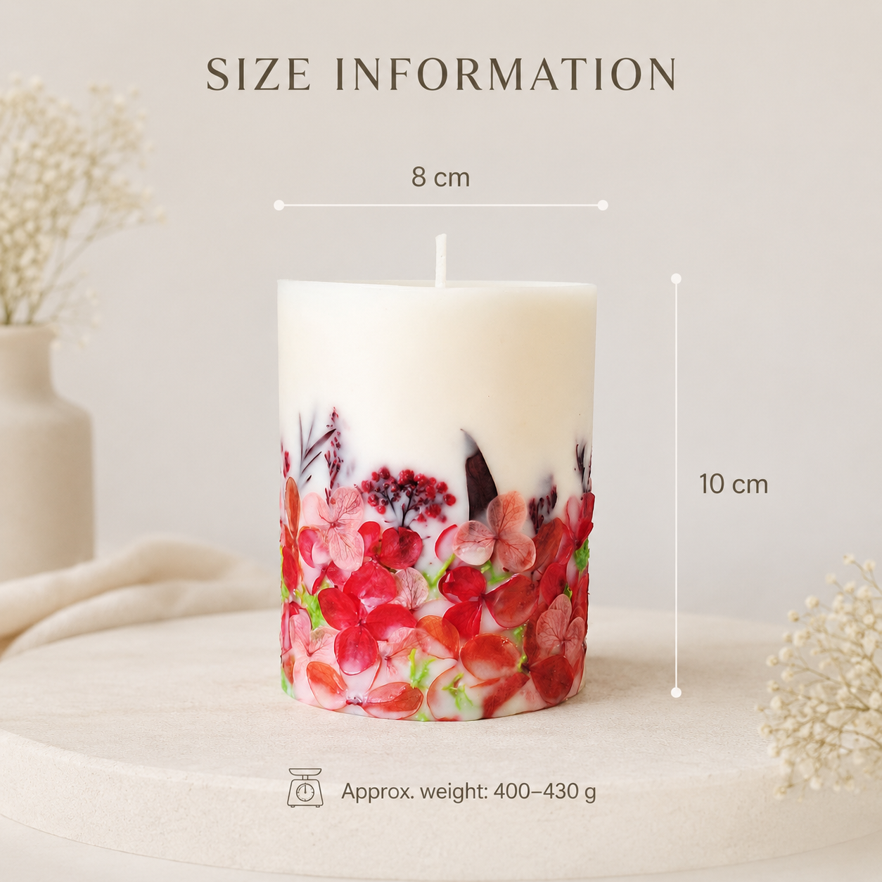 Red botanical soy wax candle size D8 x H10 cm with real dried flowers