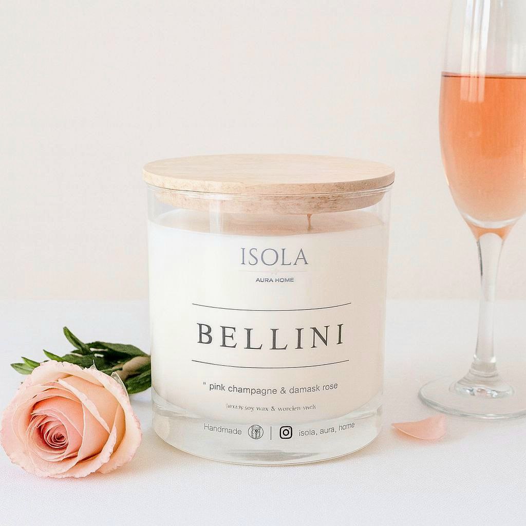Rose and Champagne soy wax candle in a glass jar with wooden lid, handmade by Isola Aura Home in Belgium