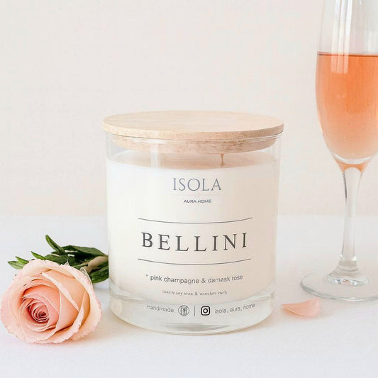 Rose and Champagne soy wax candle in a glass jar with wooden lid, handmade by Isola Aura Home in Belgium