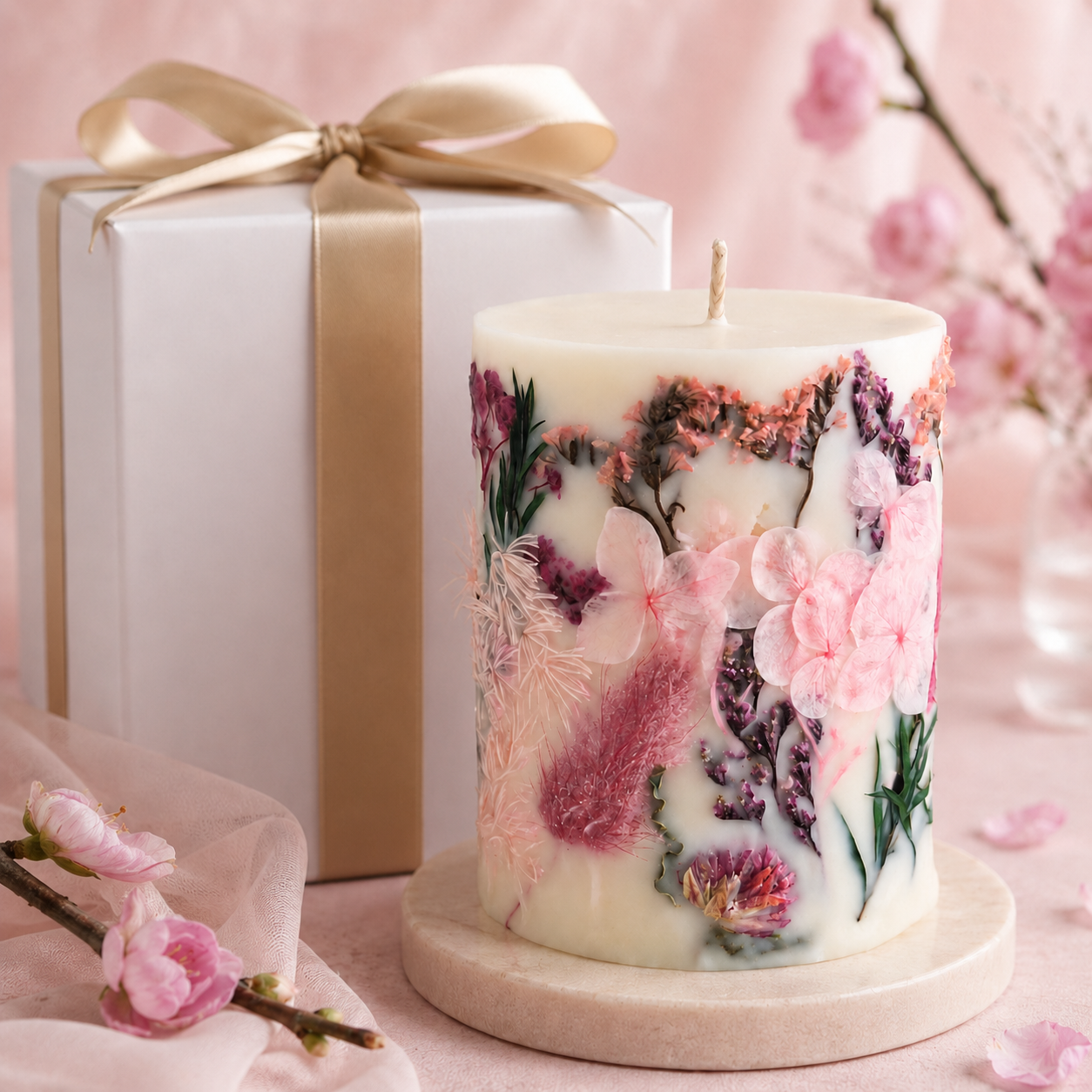 Rose Garden botanical soy wax candle with white gift box and ribbon, ready to gift