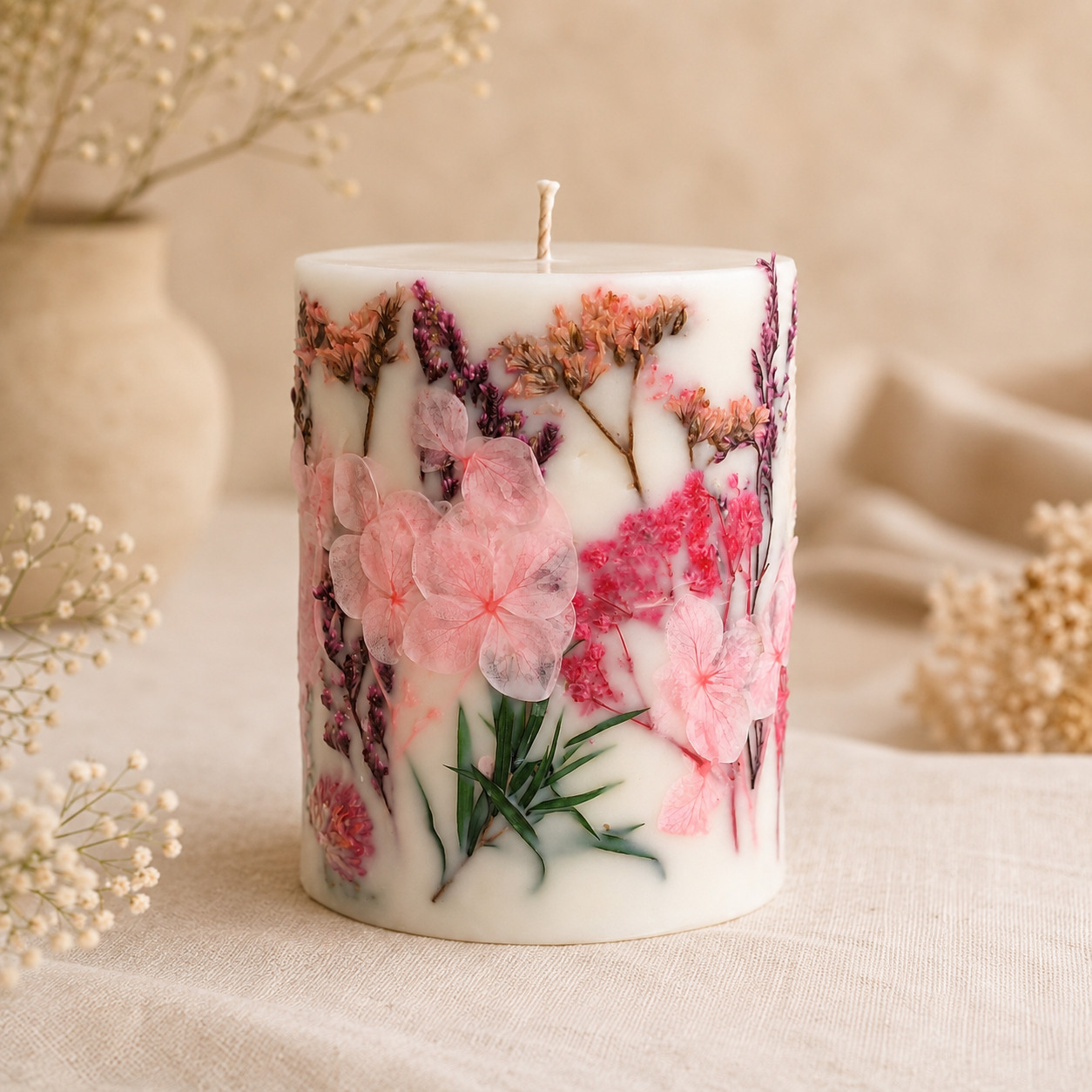 Rose Garden botanical soy wax candle with real dried flowers, handmade by Isola Aura Home in Belgium