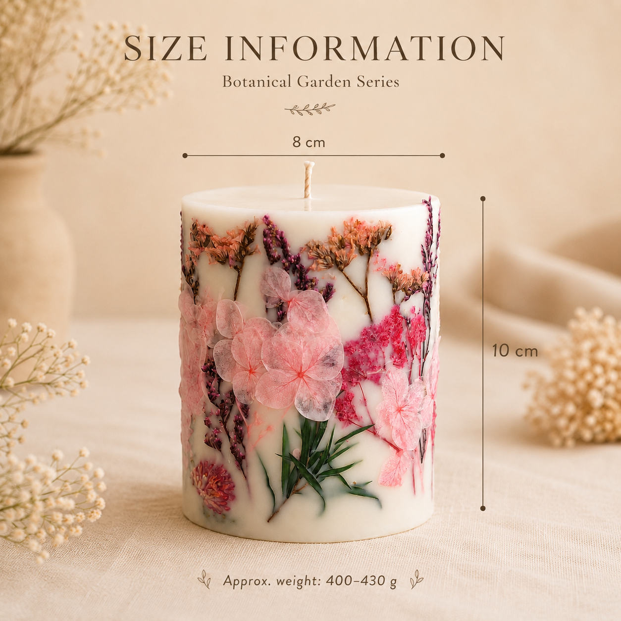 Rose Garden botanical soy wax candle size D8 x H10 cm, approx. weight 400–430 g