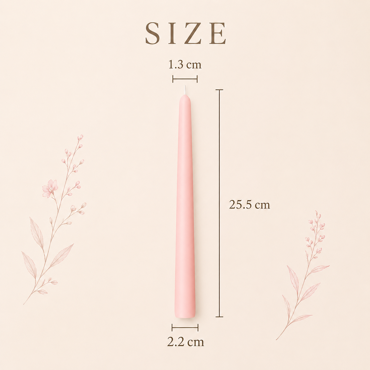 Size information card for pink taper candle showing 25.5 cm height and 2.2 cm base width