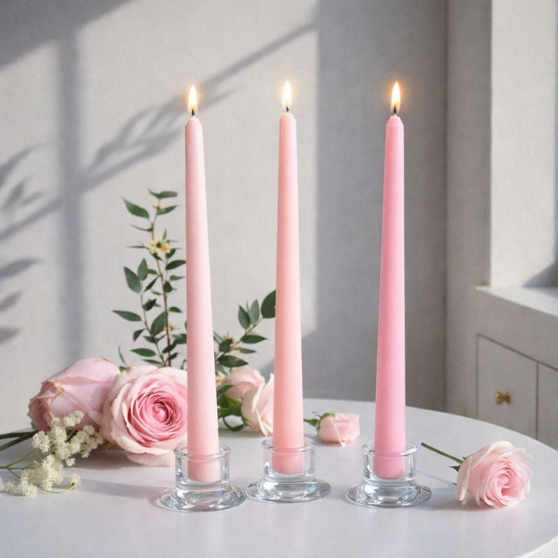 Rose scented pink taper candles used as elegant table decor for a romantic setting