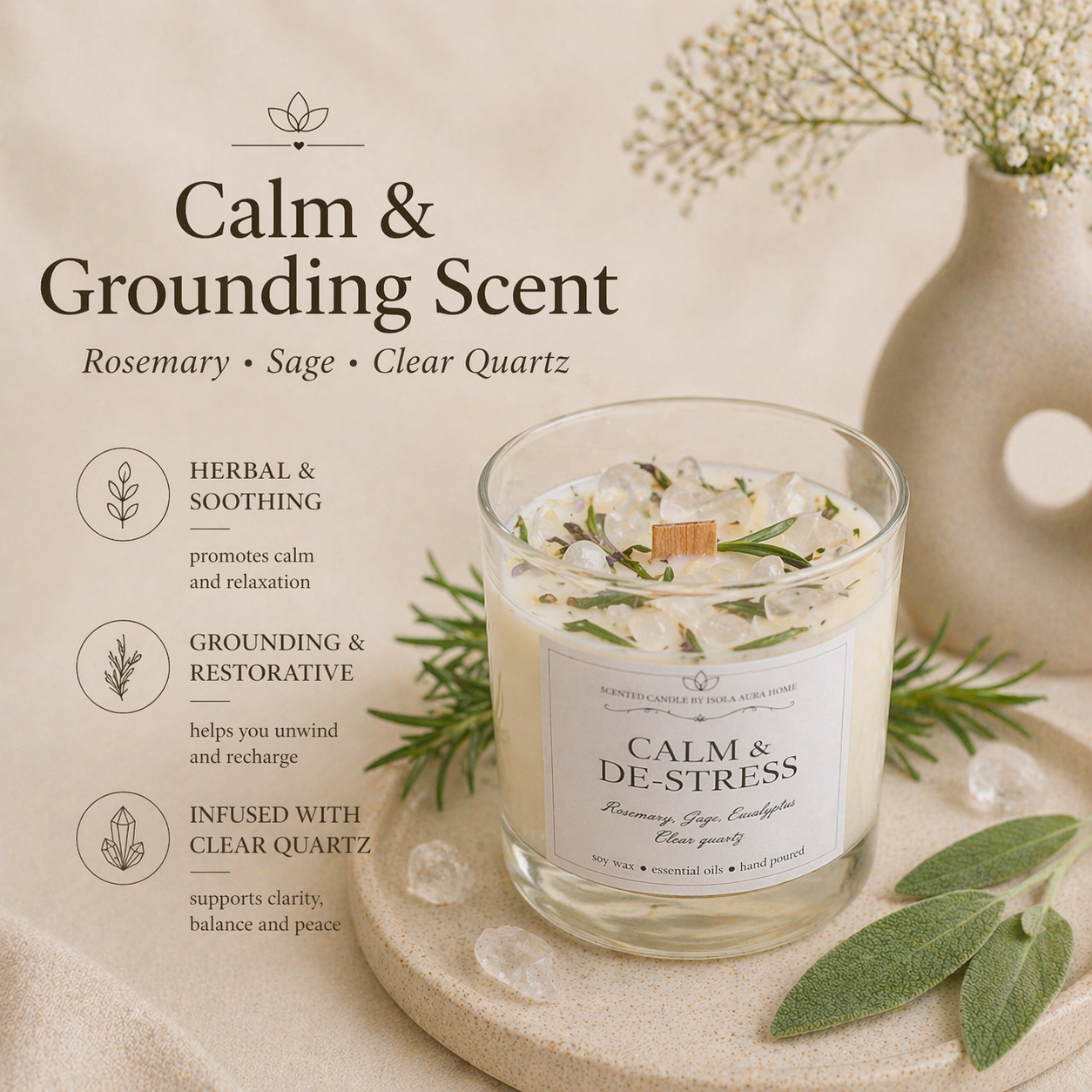 Close-up of clear quartz crystals and rosemary decorating a handmade soy candle