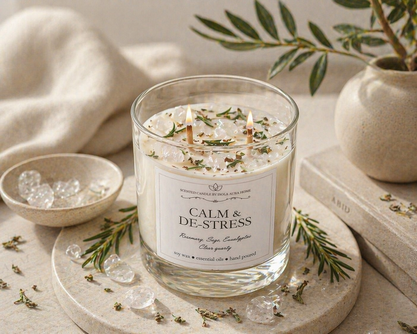 Lit rosemary sage and eucalyptus soy candle decorated with clear quartz crystals