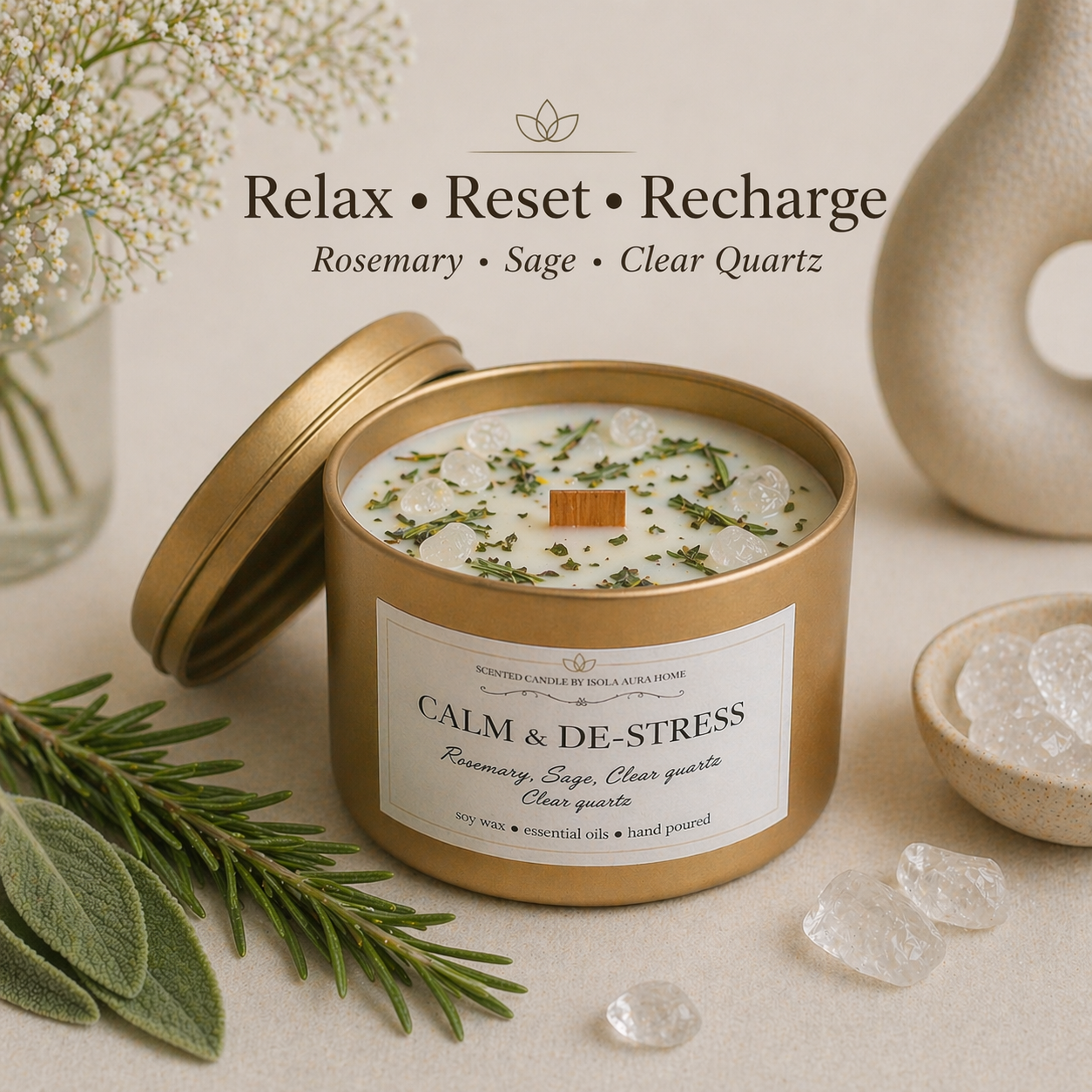 Rosemary and clear quartz crystal candle in a gold metal tin with lid