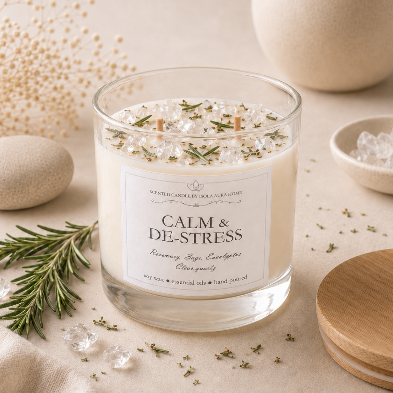 Rosemary and clear quartz crystal candle in a glass jar, handmade by Isola Aura Home in Belgium
