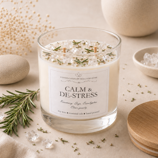 Rosemary and clear quartz crystal candle in a glass jar, handmade by Isola Aura Home in Belgium