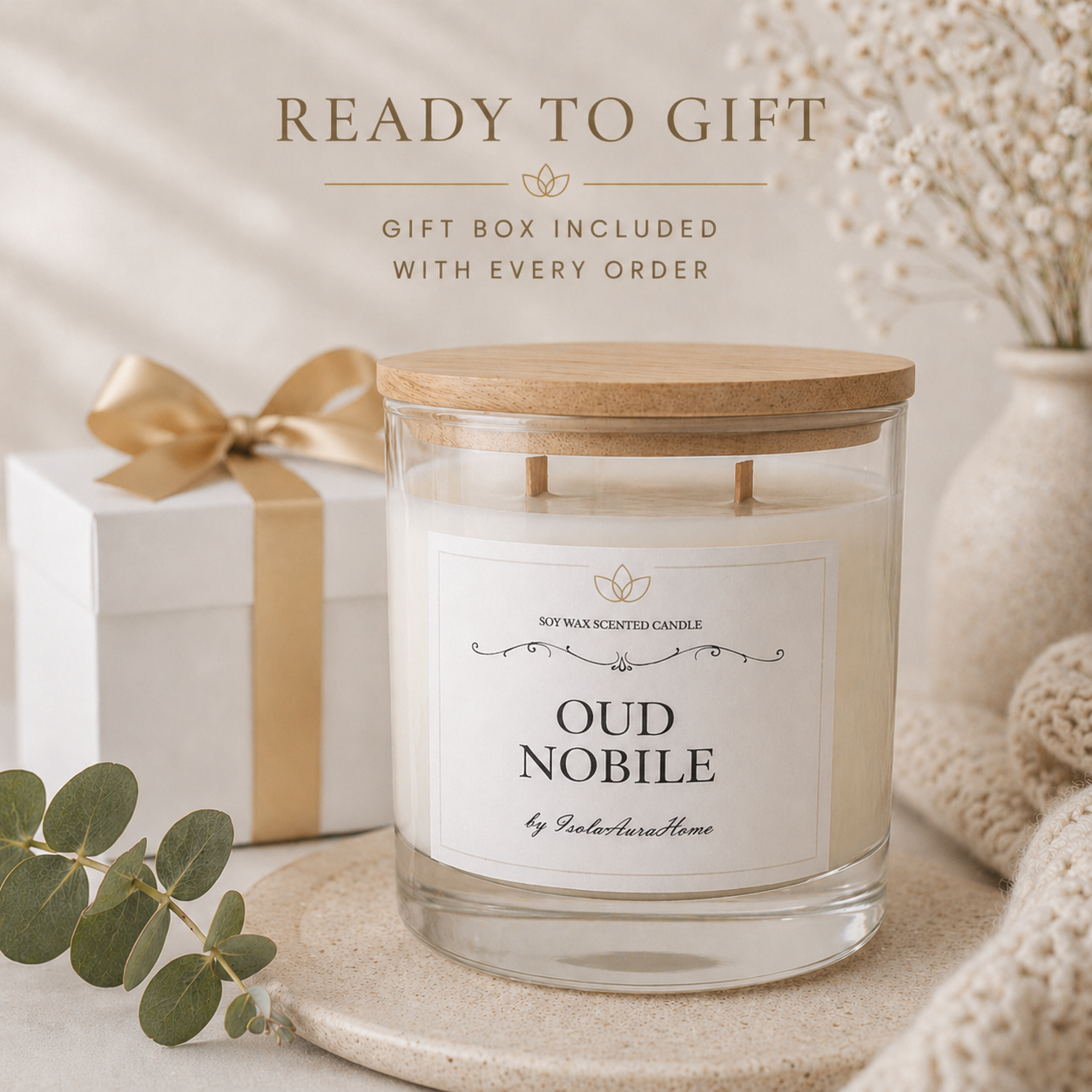 Sandalwood and Amber soy wax candle in a glass jar with gift box, ready to gift and handmade in Belgium