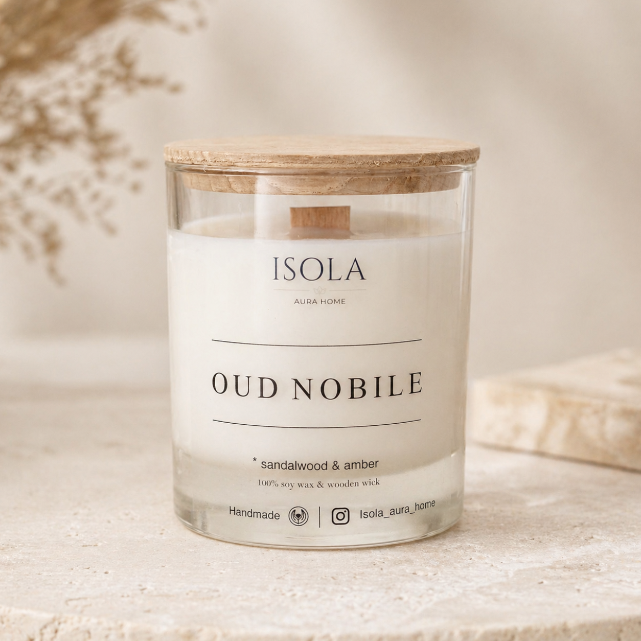 Sandalwood and Amber soy wax candle in a glass jar with wooden lid, handmade by Isola Aura Home in Belgium