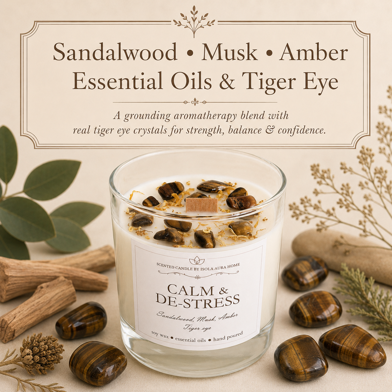 Sandalwood, musk and amber crystal candle with genuine tiger’s eye stones