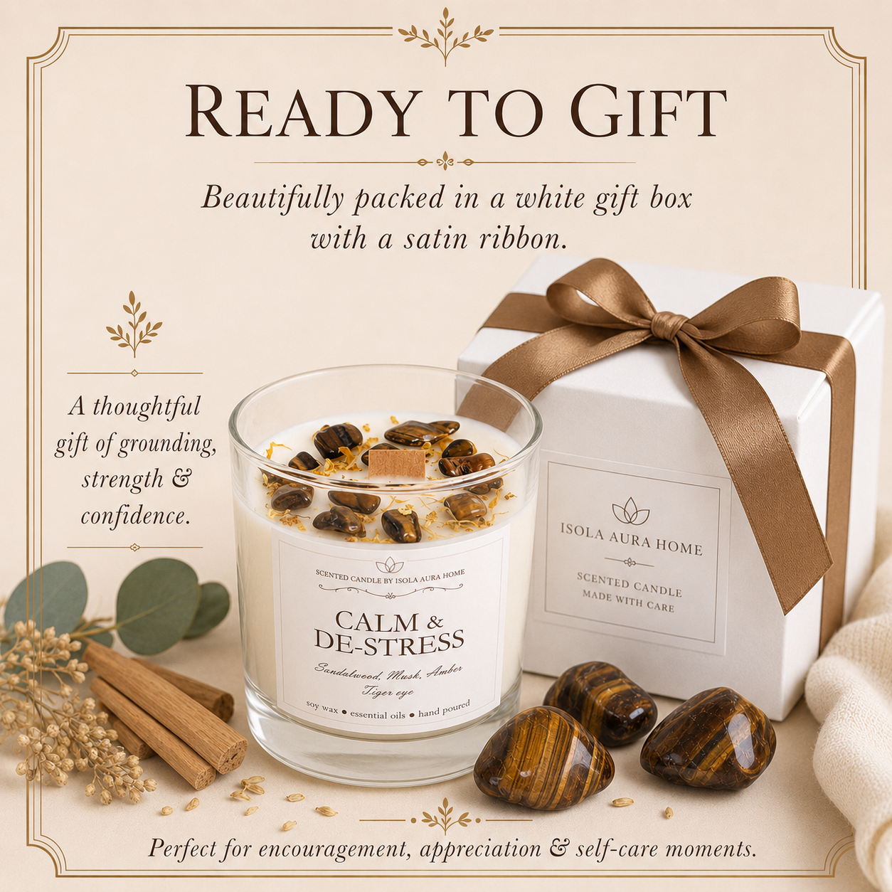 Sandalwood crystal candle presented in a white gift box with a satin ribbon