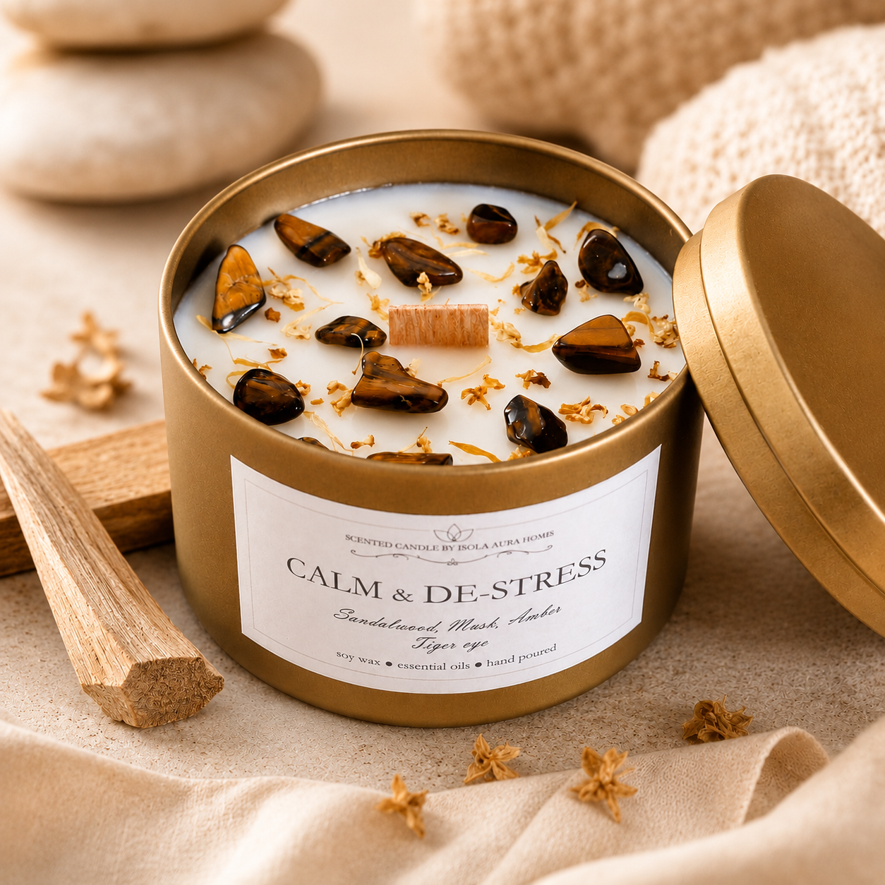 Sandalwood and tiger’s eye soy candle in a gold tin with a wooden wick, handmade in Belgium