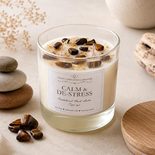 Sandalwood, musk and amber crystal candle in a clear glass jar with tiger’s eye stones and a wooden wick