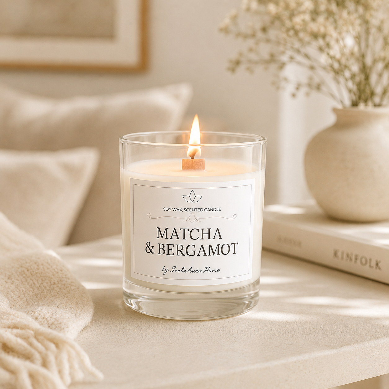 Matcha and Bergamot soy wax candle in a glass jar with wooden lid, handmade by Isola Aura Home in Belgium