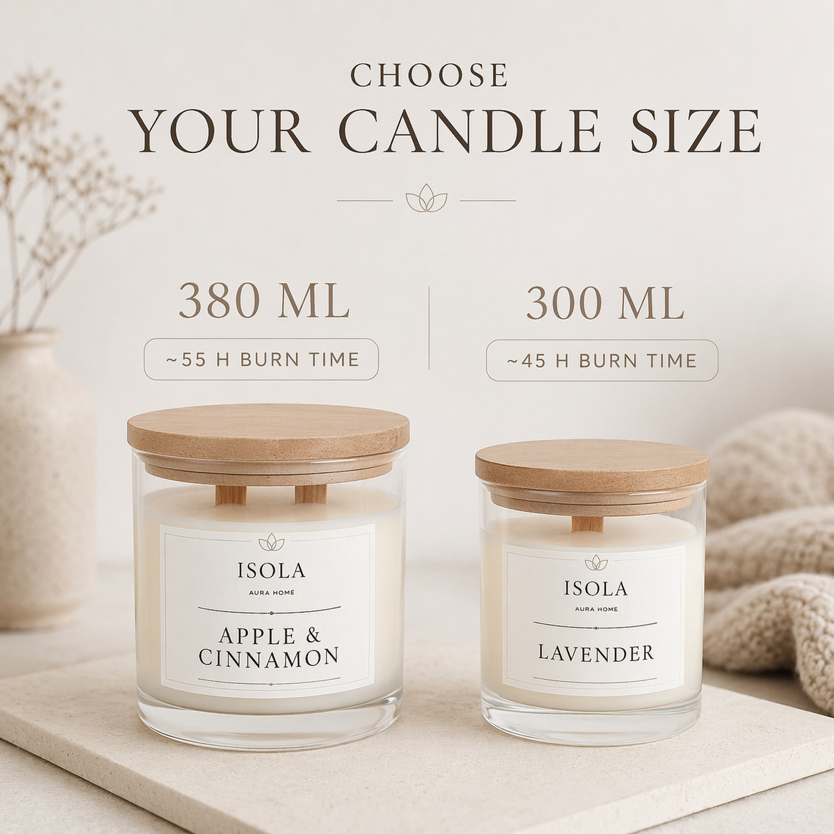 Apple and cinnamon candle size guide showing 200 ml, 300 ml and 380 ml options with burn times