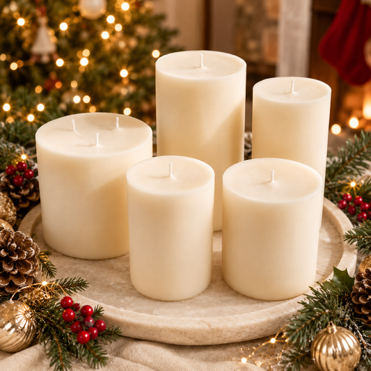 Handmade scented soy pillar candles in five sizes, available with a fragrance of your choice
