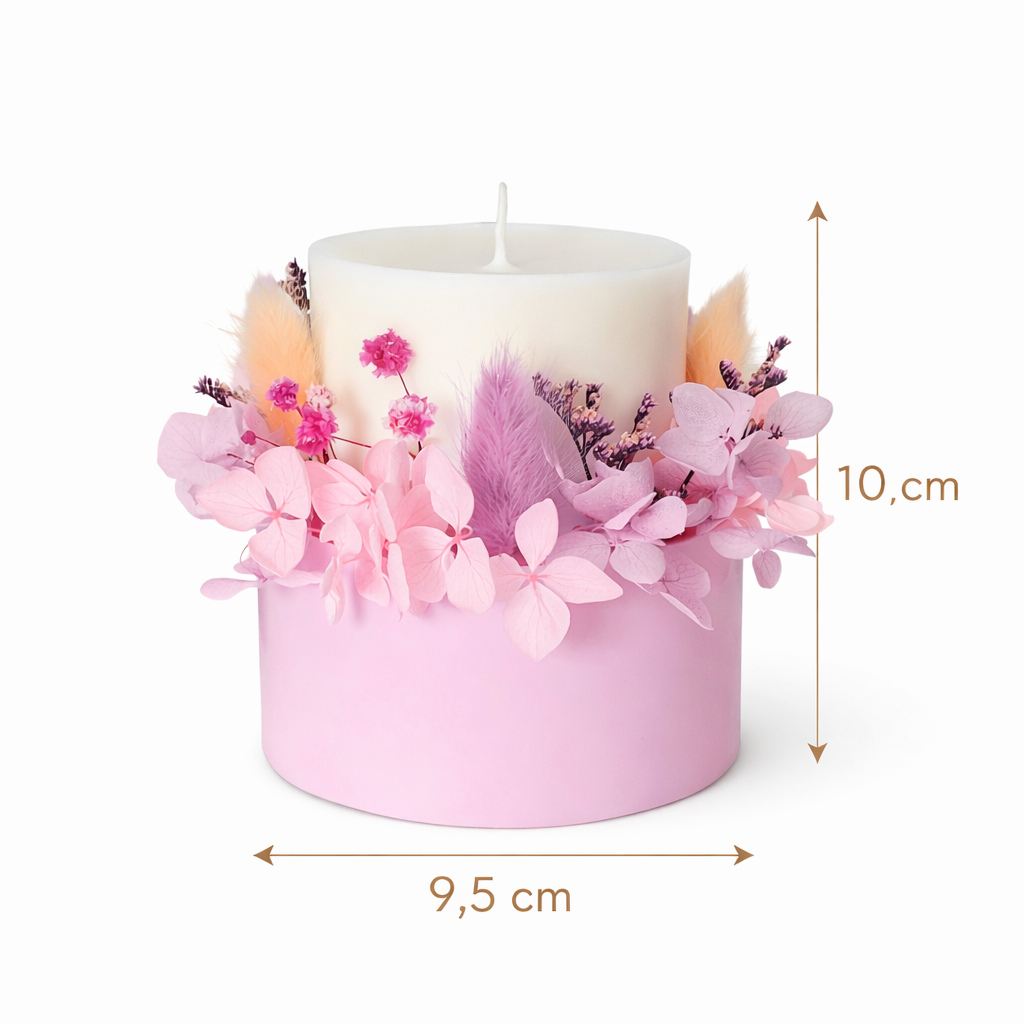 Soft rose botanical candle size card showing 9.5 cm diameter and 10 cm height