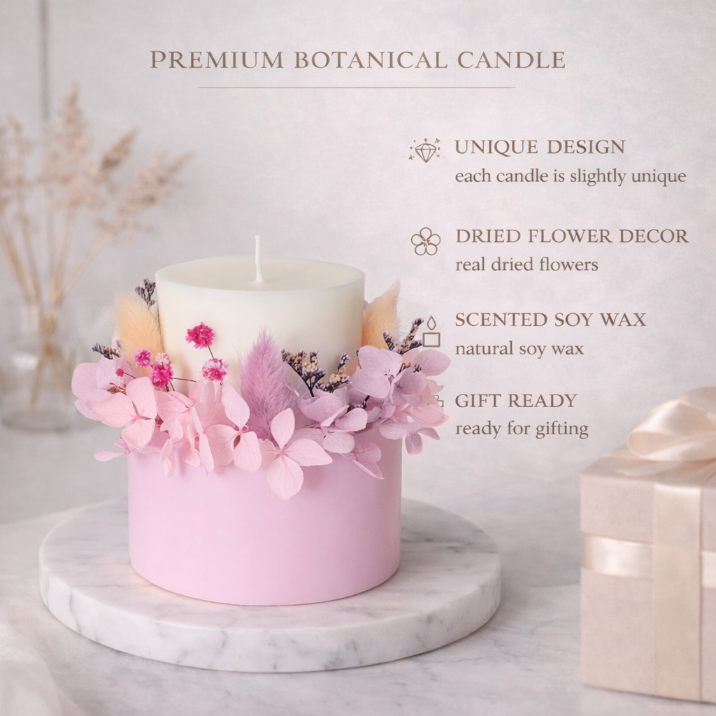 Premium soft rose botanical candle features with unique design, dried flower decor, scented soy wax and gift-ready packaging