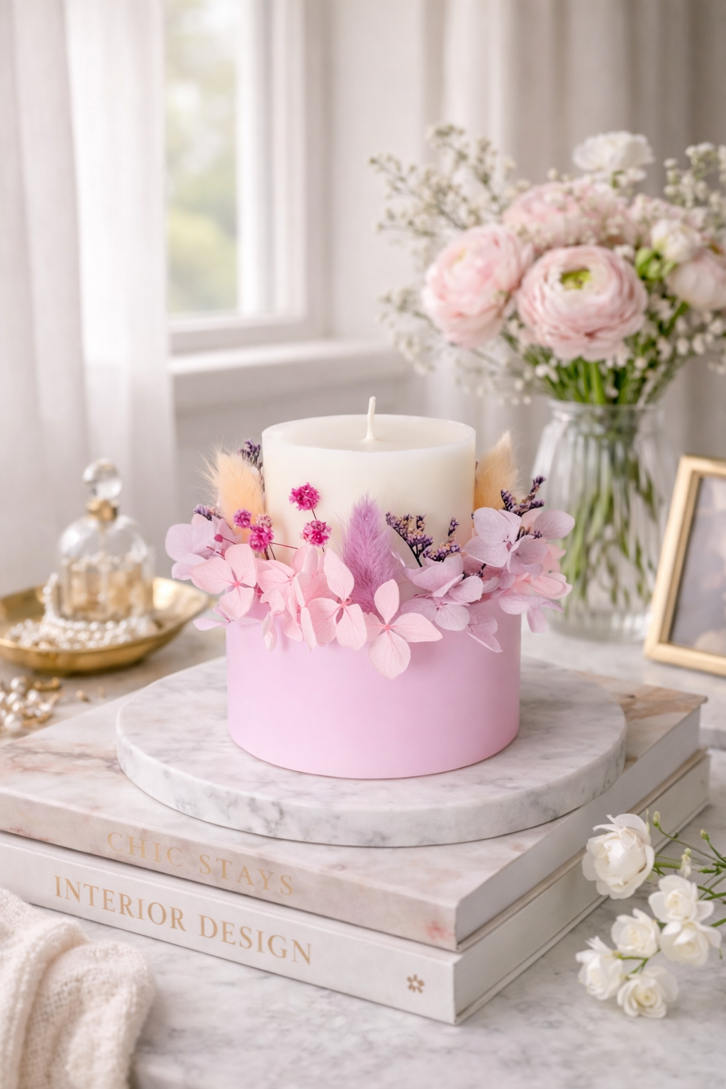 Soft rose signature floral candle styled in an elegant home interior with flowers