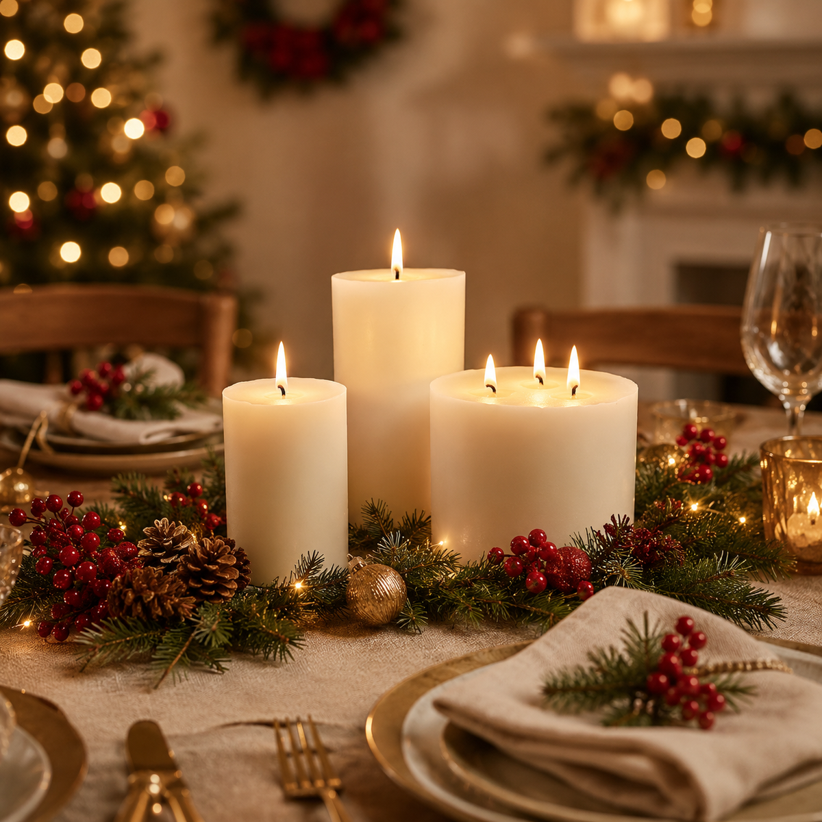 Scented soy pillar candles used as an elegant Christmas table centerpiece