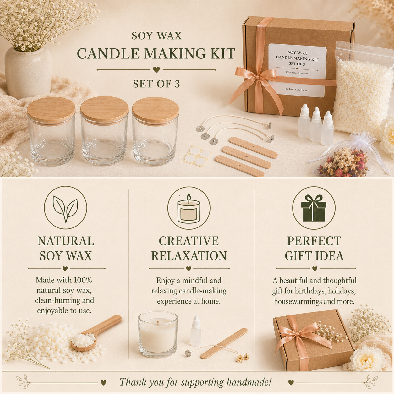 DIY soy wax candle making kit set of 3 with natural soy wax, creative relaxation and gift-ready packaging