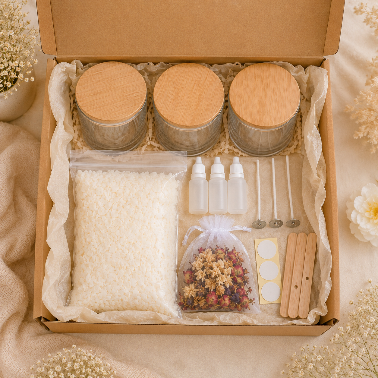 Soy wax candle making kit box contents with three glass jars, wooden lids, wax, wicks, fragrance oils and dried flowers