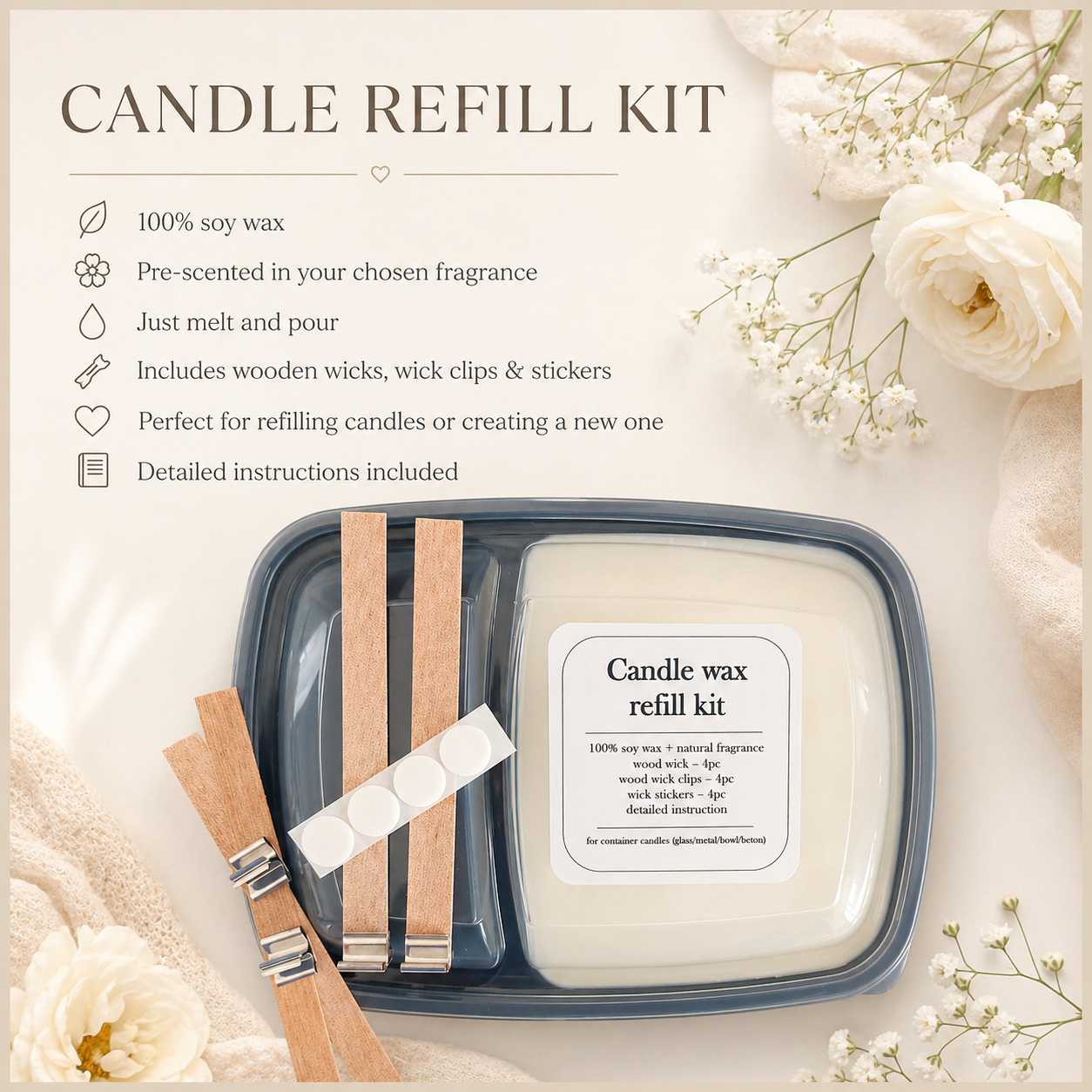 Pre-scented soy wax candle refill kit with chosen fragrance, wicks, stickers and easy melt-and-pour instructions