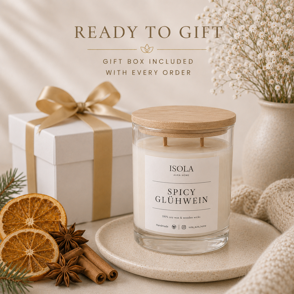 Spicy Glühwein Christmas candle with wooden lid and white gift box tied with an elegant gold ribbon