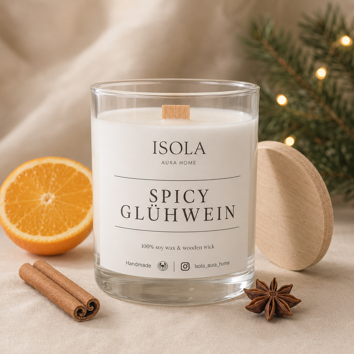Spicy Glühwein mulled wine scented candle with orange, cinnamon and star anise beside a wooden lid and Christmas lights