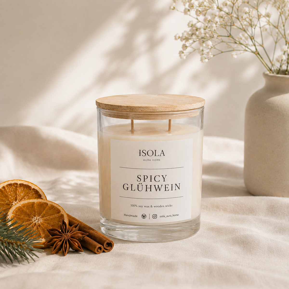 Spicy Glühwein soy candle with wooden lid, dried orange, cinnamon, star anise and evergreen in a light Christmas setting