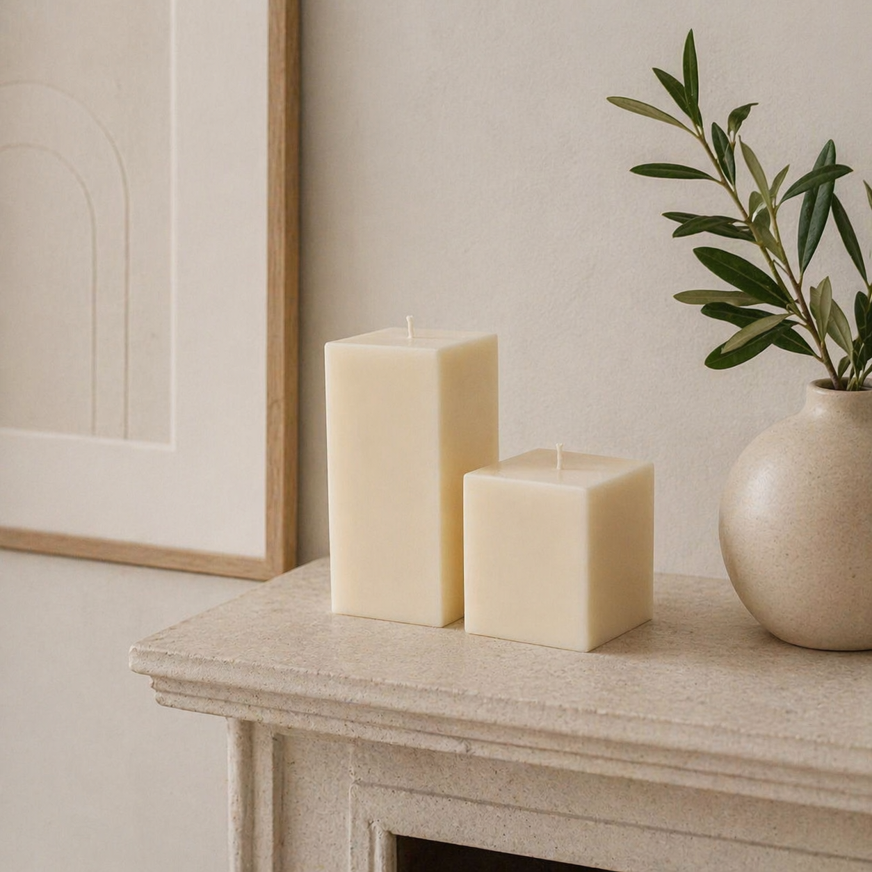 Square geometric soy wax candles for minimalist home decor, handmade in Belgium