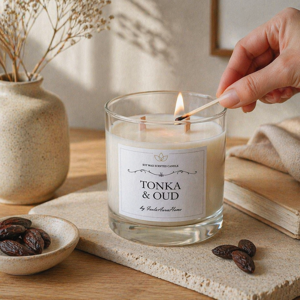 Tonka and Oud soy wax candle in a glass jar being lit, handmade by Isola Aura Home in Belgium